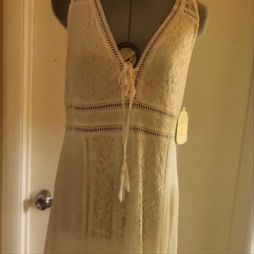 Romantic, off-white satin & lace v-neck floor-length dress. Never worn.